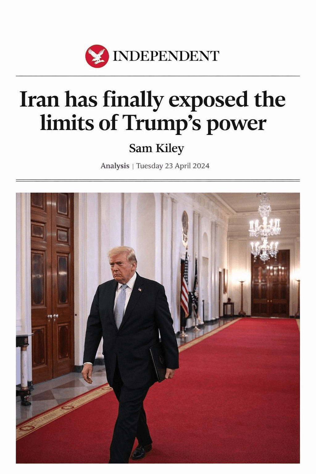 Donald Trump walking in a White House hallway in an article image about Iran exposing the limits of Trump’s power