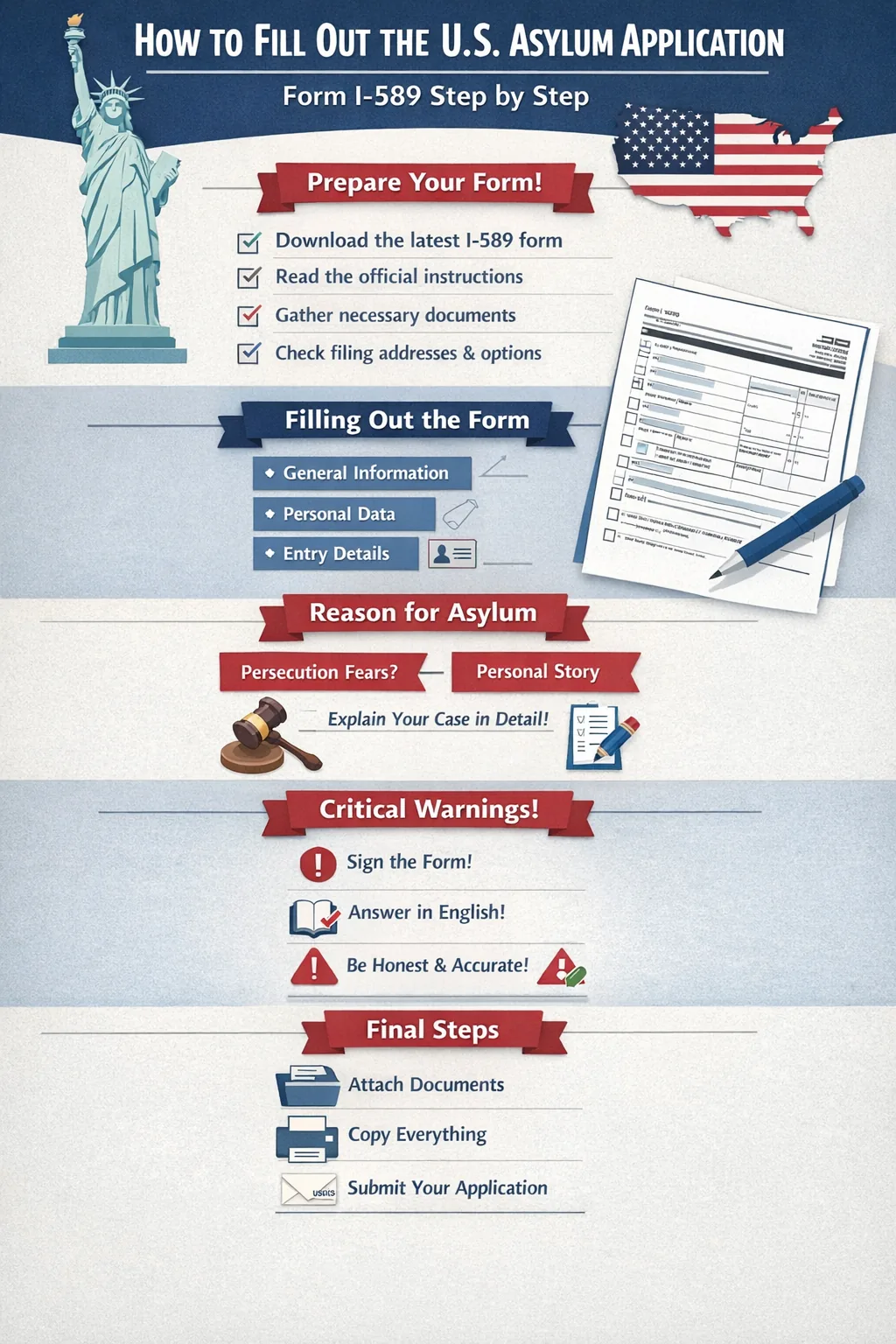 دليل عربي عملي ومفصل يشرح كيفية تعبئة نموذج اللجوء الأمريكي I-589 خطوة بخطوة، مع شرح كل صفحة وكل بند، وأهم الأخطاء الشائعة وطريقة كتابة رواية اللجوء بشكل قوي ومنظم.