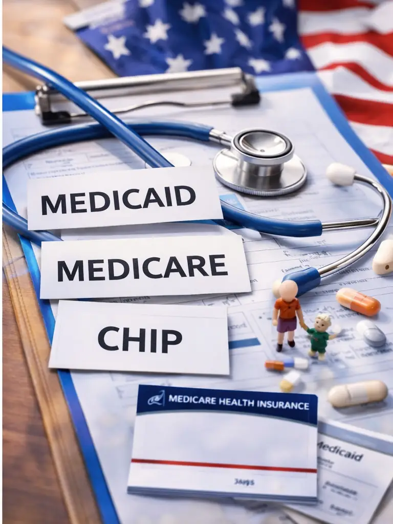 صورة رمزية توضّح برامج Medicaid وMedicare وCHIP في أمريكا