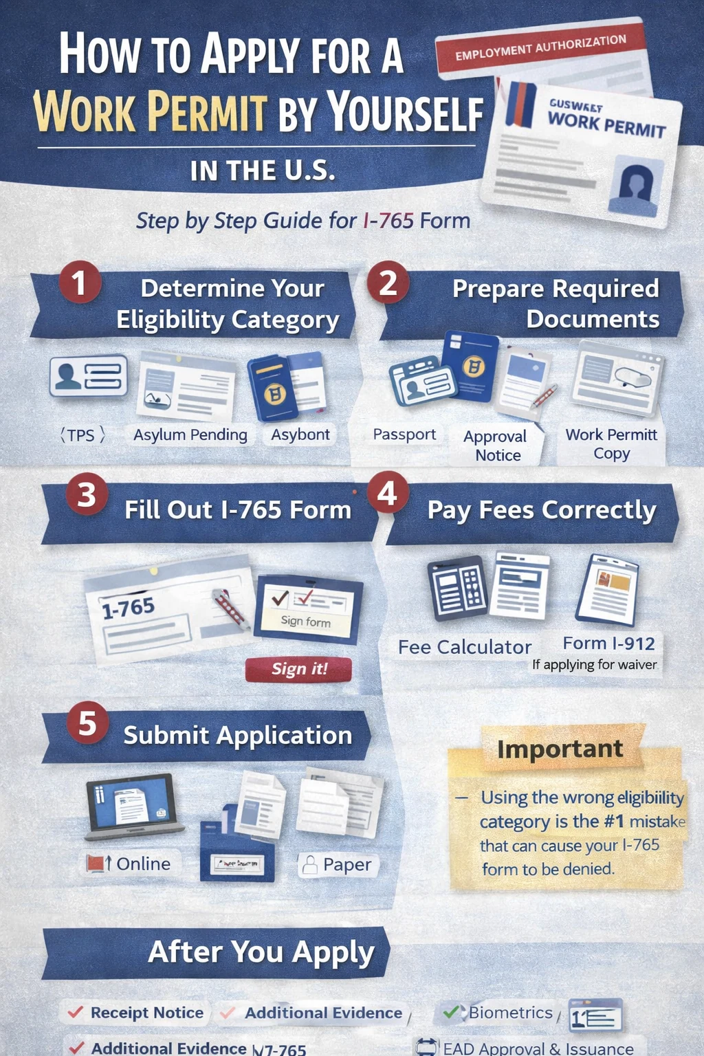 كيف تقدم على كرت العمل الأمريكي بنفسك؟ شرح نموذج I-765 خطوة بخطوة لطالبي اللجوء وغيرهم