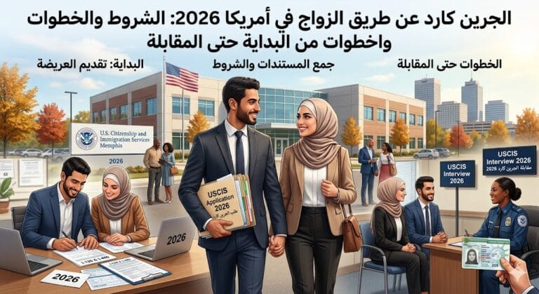 الجرين كارد عن طريق الزواج في أمريكا 2026: الشروط والخطوات من البداية حتى المقابلة