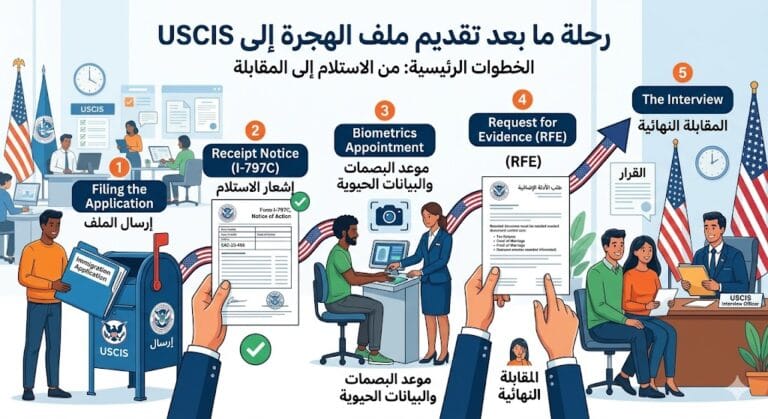 بعد إرسال ملف الهجرة إلى USCIS: ماذا يحدث من إشعار الاستلام إلى البصمة وطلب الأدلة والمقابلة؟