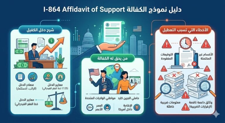 نموذج I-864 Affidavit of Support: شرح دخل الكفيل، من يحق له الكفالة، وما الأخطاء التي تسبب التعطيل