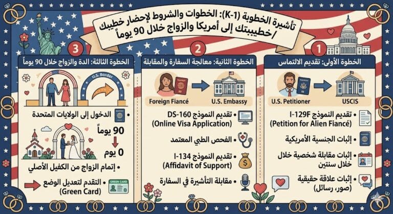 تأشيرة الخطوبة (K-1): الخطوات والشروط لإحضار خطيبك/خطيبتك إلى أمريكا والزواج خلال 90 يوماً