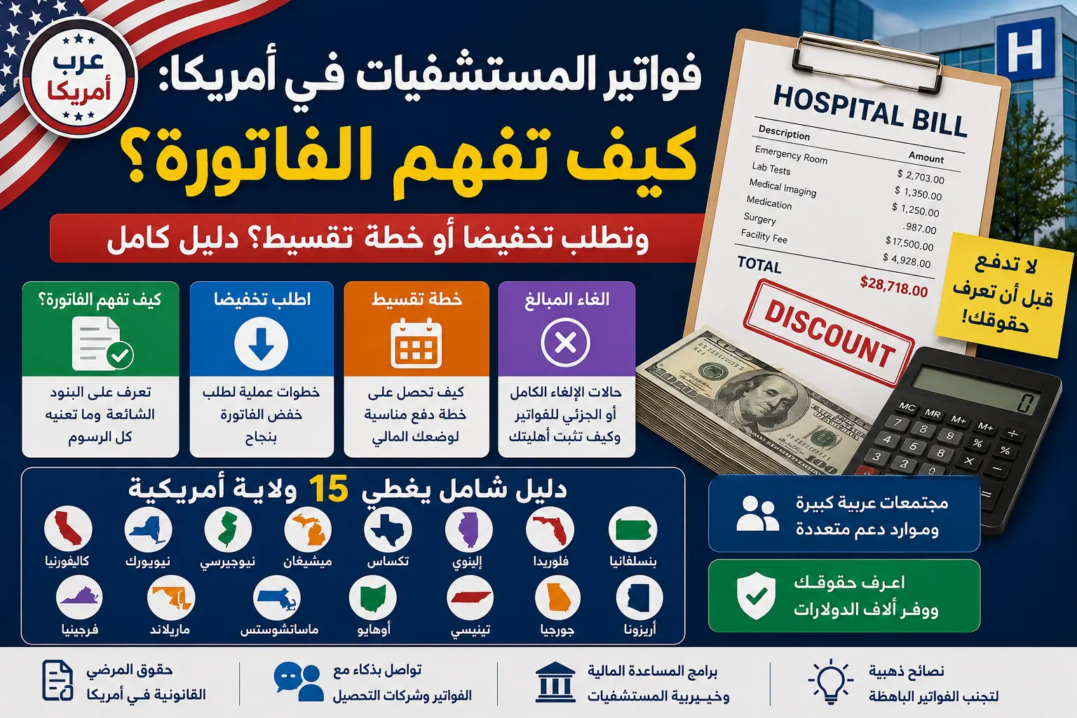 كيف تفهم الفاتورة الطبية وتطلب تخفيضًا أو خطة تقسيط في أمريكا، مع أمثلة على فواتير المستشفيات