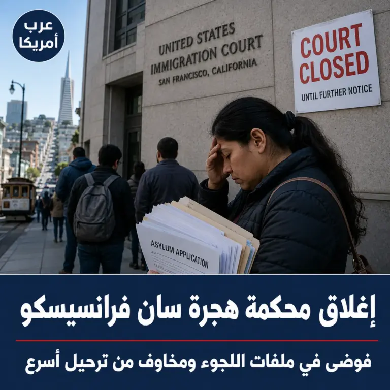إغلاق محكمة هجرة سان فرانسيسكو وامرأة تحمل طلب لجوء أمامها