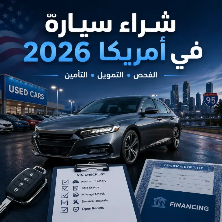 دليل شراء سيارة في أمريكا 2026: الفحص، العنوان، التمويل، التأمين، والأخطاء التي يجب تجنبها