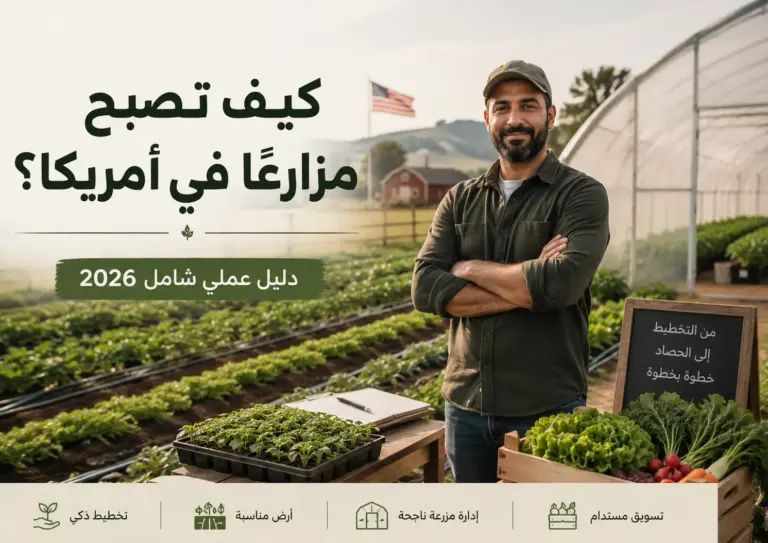 كيف تصبح مزارعًا في أمريكا؟ دليل عملي شامل 2026، مع مزرعة وخضروات وشخص يقف في حقل زراعي
