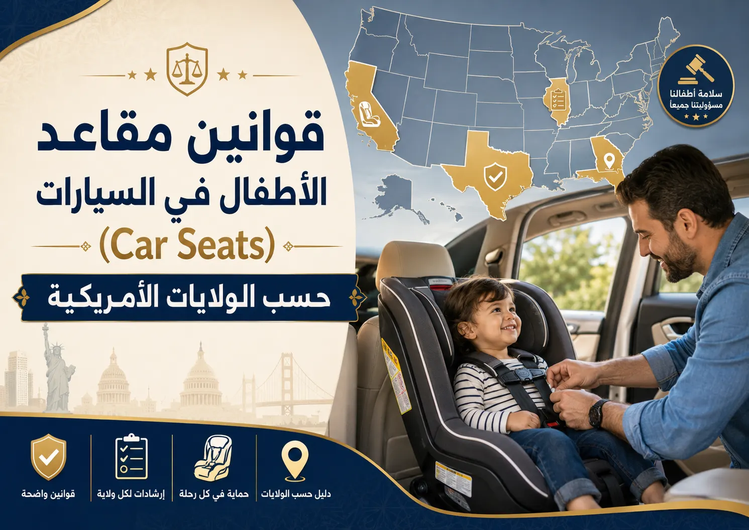 قوانين مقاعد الأطفال في السيارات (Car Seats) حسب الولايات الأمريكية
