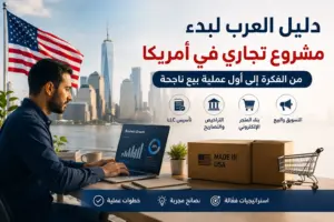 ملصق يروّج لدليل بدء مشروع تجاري في أمريكا من الفكرة إلى البيع الناجح، مع أيقونات لخدمات تأسيس LLC والتراخيص والتسويق وبناء المتجر الإلكتروني