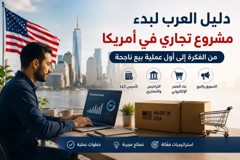 ملصق يروّج لدليل بدء مشروع تجاري في أمريكا من الفكرة إلى البيع الناجح، مع أيقونات لخدمات تأسيس LLC والتراخيص والتسويق وبناء المتجر الإلكتروني