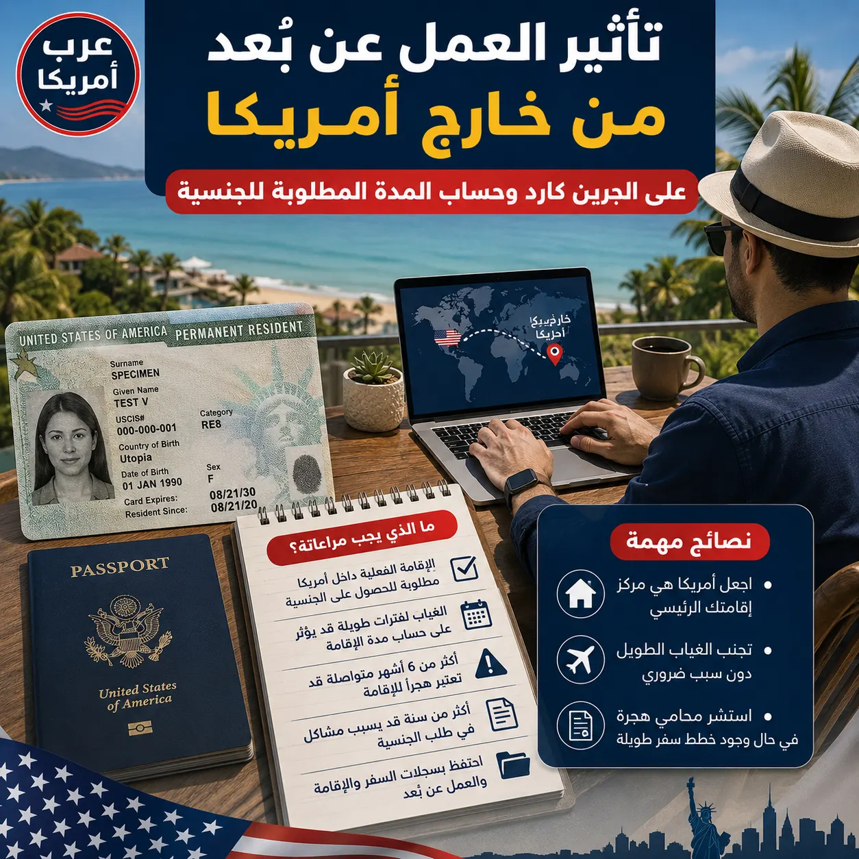 تأثير العمل عن بُعد من خارج أمريكا على الجرين كارد وحساب المدة المطلوبة للجنسية