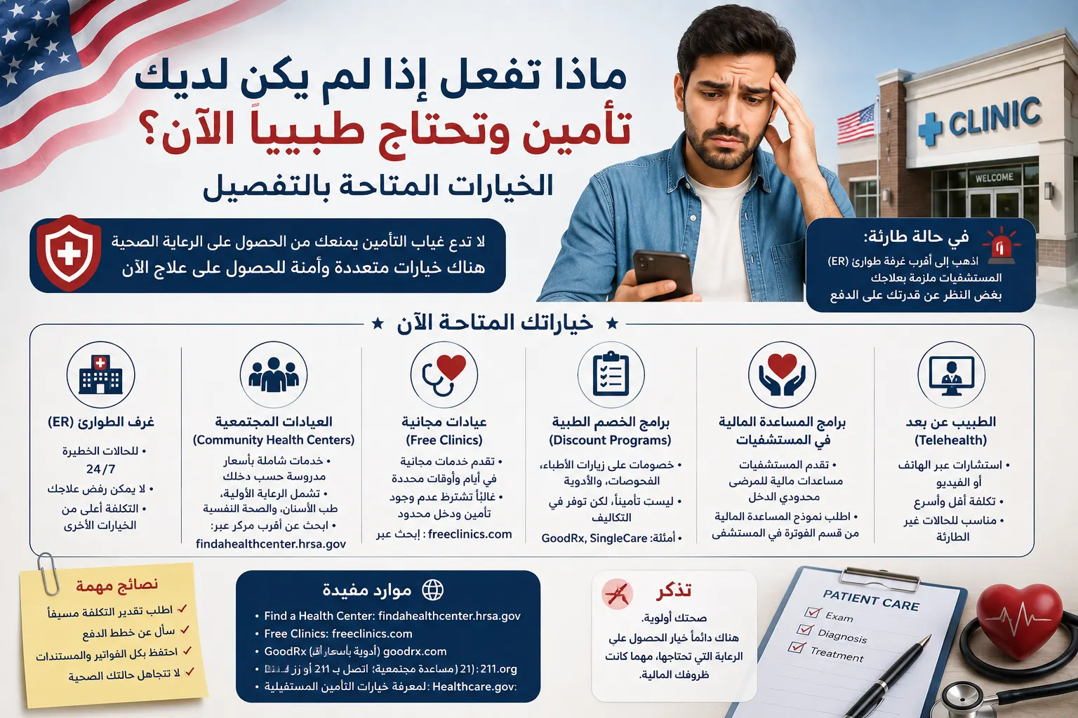 ماذا تفعل إذا لم يكن لديك تأمين وتحتاج طبيباً الآن
