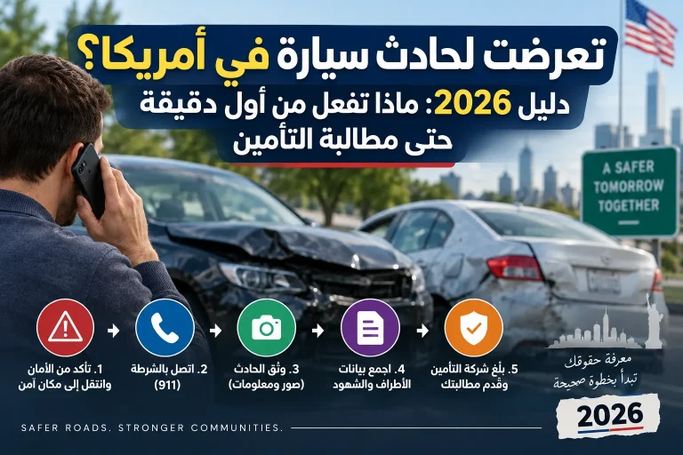 تعرضت لحادث سيارة في أمريكا؟ دليل 2026: ماذا تفعل من أول دقيقة حتى مطالبة التأمين