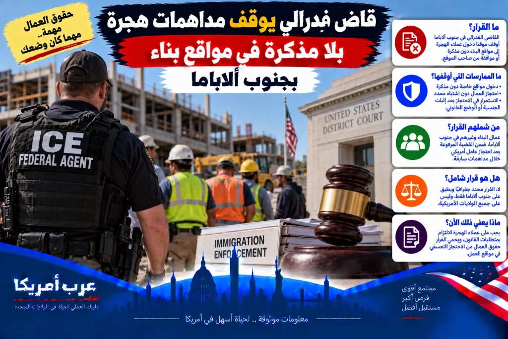 قاضٍ فدرالي يوقف مداهمات هجرة بلا مذكرة في مواقع بناء بجنوب ألاباما