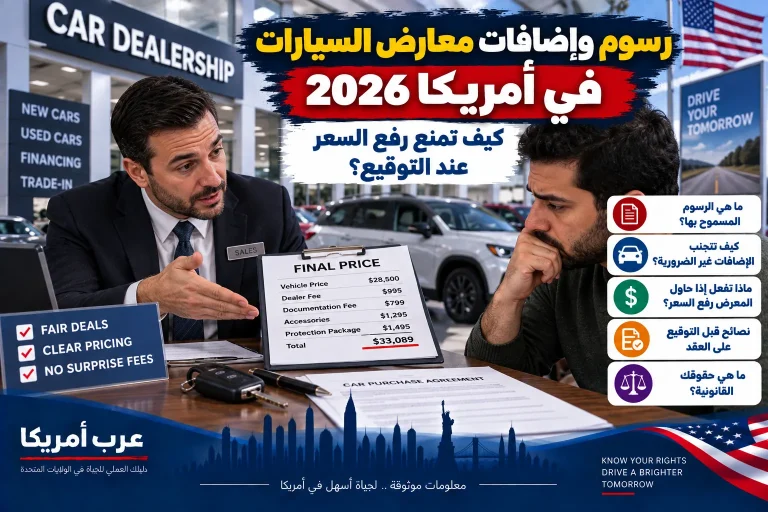 رسوم وإضافات معارض السيارات في أمريكا 2026: كيف تمنع رفع السعر عند التوقيع؟