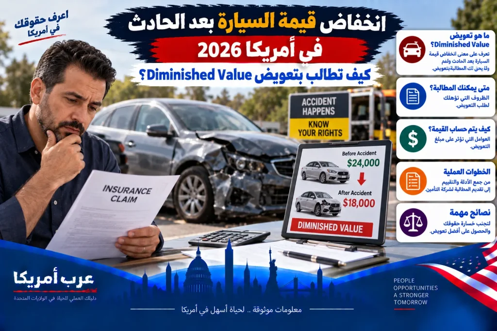 انخفاض قيمة السيارة بعد الحادث في أمريكا 2026: كيف تطالب بتعويض Diminished Value؟