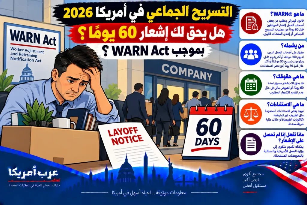 التسريح الجماعي في أمريكا 2026: هل يحق لك إشعار 60 يومًا بموجب WARN Act؟