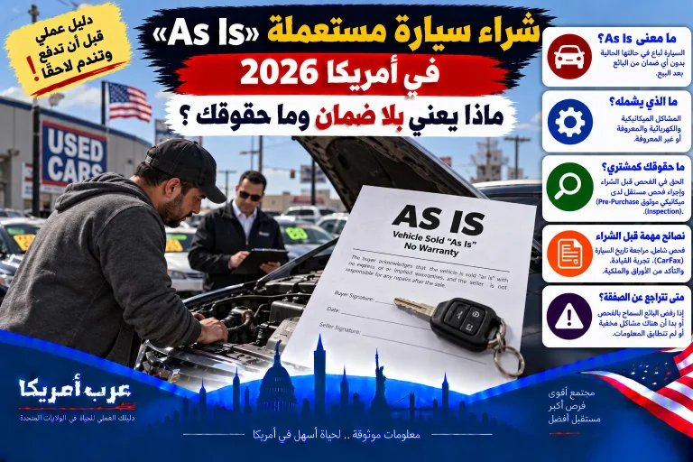 شراء سيارة مستعملة «As Is» في أمريكا 2026: ماذا يعني بلا ضمان وما حقوقك؟