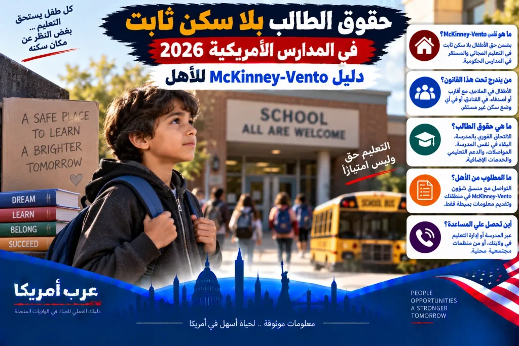 حقوق الطالب بلا سكن ثابت في المدارس الأمريكية 2026: دليل McKinney-Vento للأهل