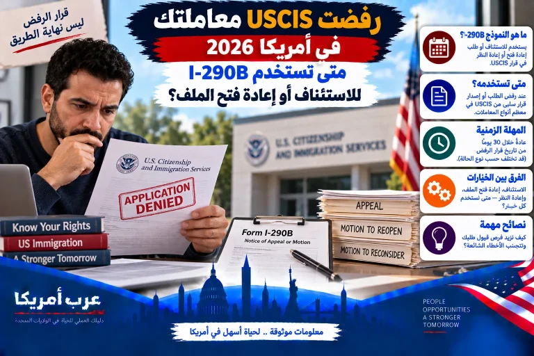رفضت USCIS معاملتك في أمريكا 2026: متى تستخدم I-290B للاستئناف أو إعادة فتح الملف؟