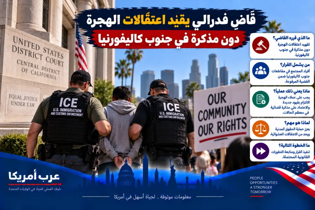 قاضٍ فدرالي يقيّد اعتقالات الهجرة دون مذكرة في جنوب كاليفورنيا