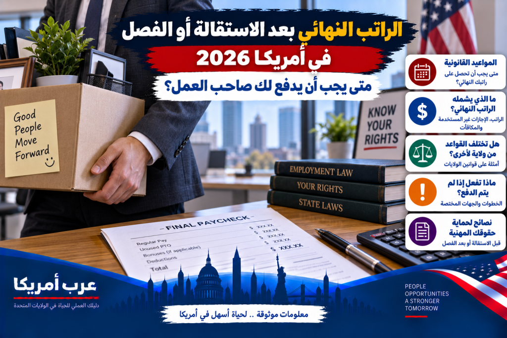 الراتب النهائي بعد الاستقالة أو الفصل في أمريكا 2026: متى يجب أن يدفع لك صاحب العمل؟