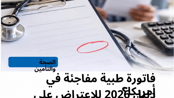 فاتورة طبية أمريكية مع سماعة طبيب وآلة حاسبة توضح كيفية الاعتراض على الفواتير تحت قانون No Surprises Act