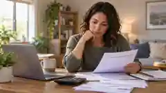 صورة توضيحية لشخص يراجع أوراق إعانة البطالة والمستندات المالية في المنزل